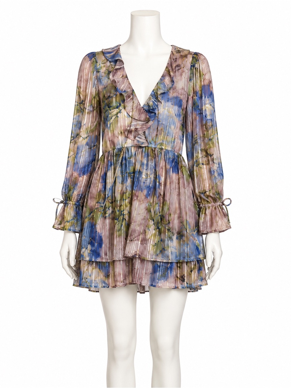 BCBG Women’s Metallic Floral Mini Dress, Long Sleeve V-Neck, Blue Lilac, Size 6